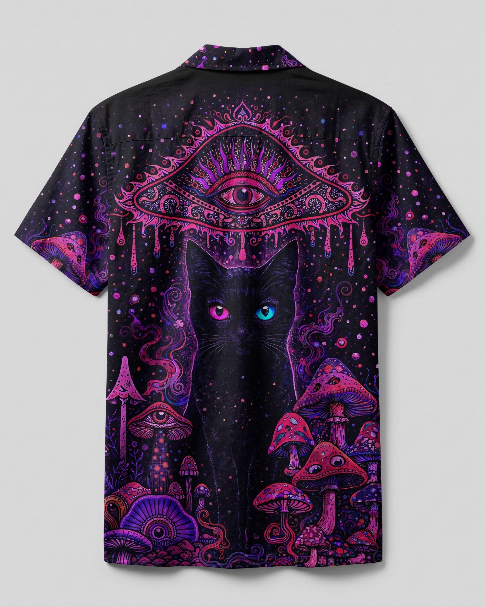 PSYCHEDELIC EYES MUSHROOM BLACK CAT CAMP SHIRT   - TLHG0604262