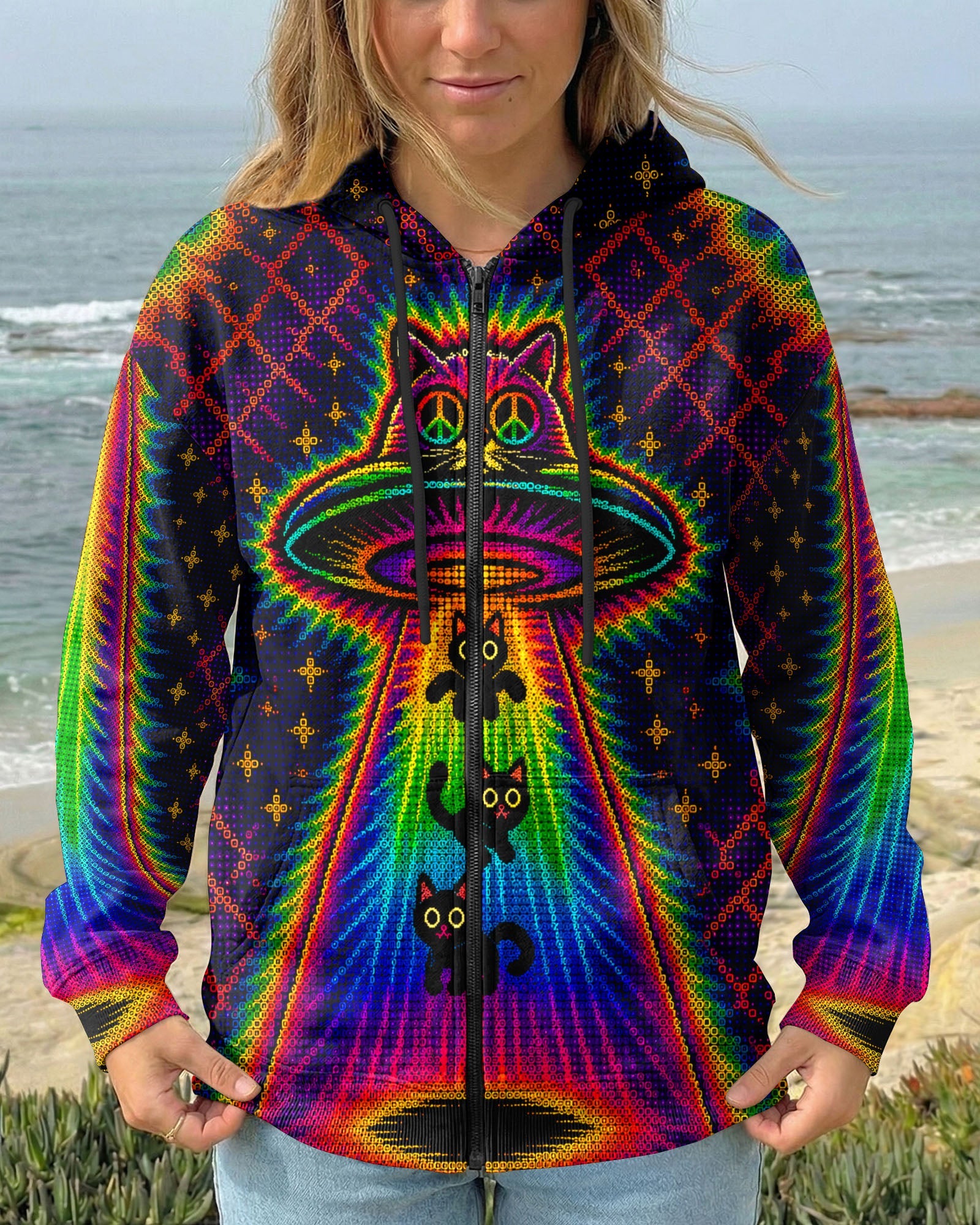 COSMIC CAT ABDUCTION PSYCHEDELIC RAINBOW BEAM ALL OVER PRINT - KMTM0805261