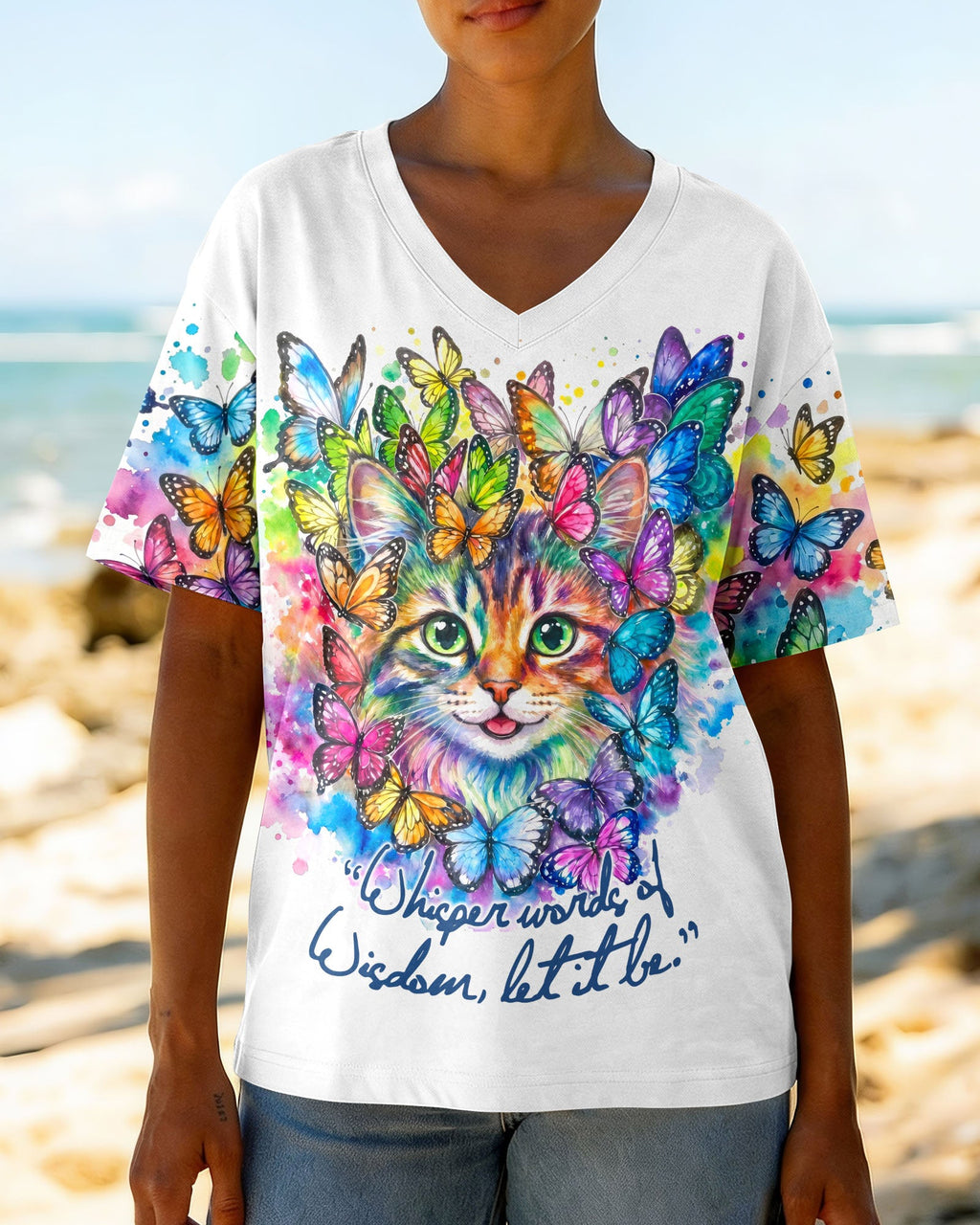 WHISPER WORDS OF WISDOM BUTTERFLY CAT WATERCOLOR ALL OVER PRINT - RI1505261