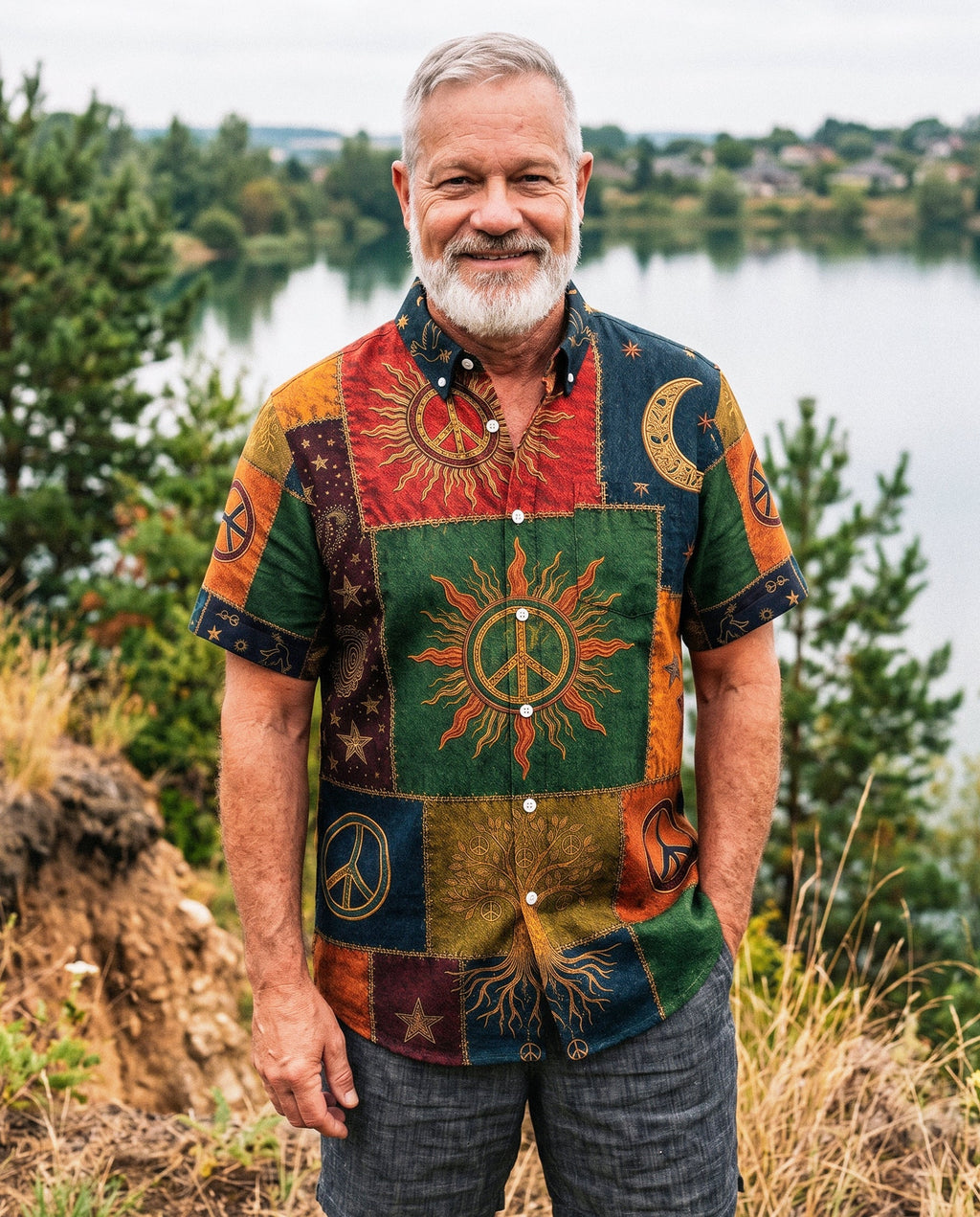 BOHO PEACE SYMBOL VINTAGE BUTTON-DOWN COLLAR SHIRT - KMTM0106261